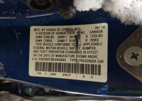 2014 Honda Civic Lx z USA, uszkodzony, nr VIN 2HGFB2F59EH543645